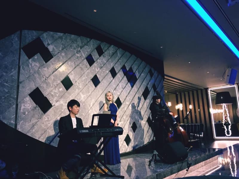 這張照片是一個音樂表演，三位音樂家正在舞台上演奏。一位女性演奏家站在舞台中央，穿著藍色的連衣裙，正在彈奏鋼琴。左側有一位男性演奏家，他正專注地演奏鍵盤，右側則有一位男性演奏家正在演奏低音提琴。舞台背景牆上裝飾著白色和黑色交織的圖案，營造出時尚而現代的氛圍。