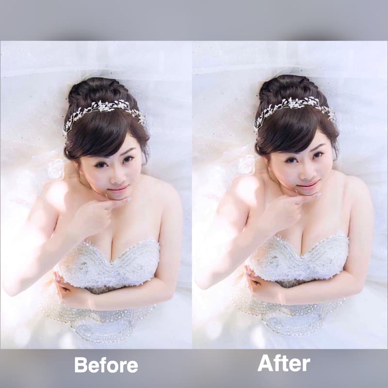 這張「婚紗照」的照片是新娘穿著白色婚紗，戴著閃亮的頭飾，手放在下巴上，微笑著，呈現出幸福的模樣。