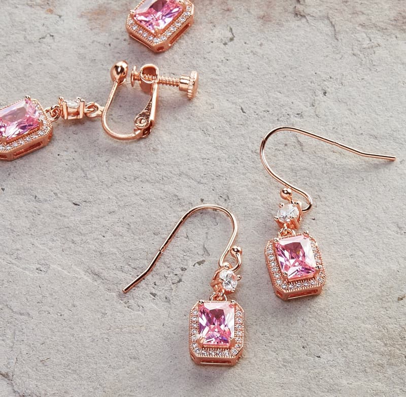 這張照片是兩副耳環，都是玫瑰金的，上面鑲著一顆粉紅色的水晶。