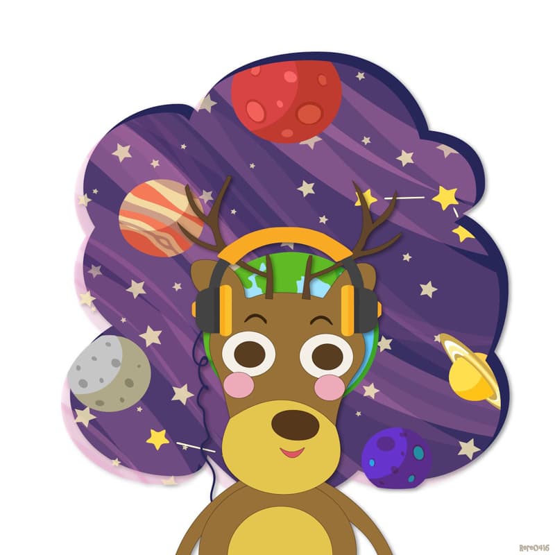 這張照片是一個戴著耳機的可愛鹿，背景是充滿星星和行星的太空。鹿的臉上露出了開心的笑容，看起來它正在享受太空旅行。