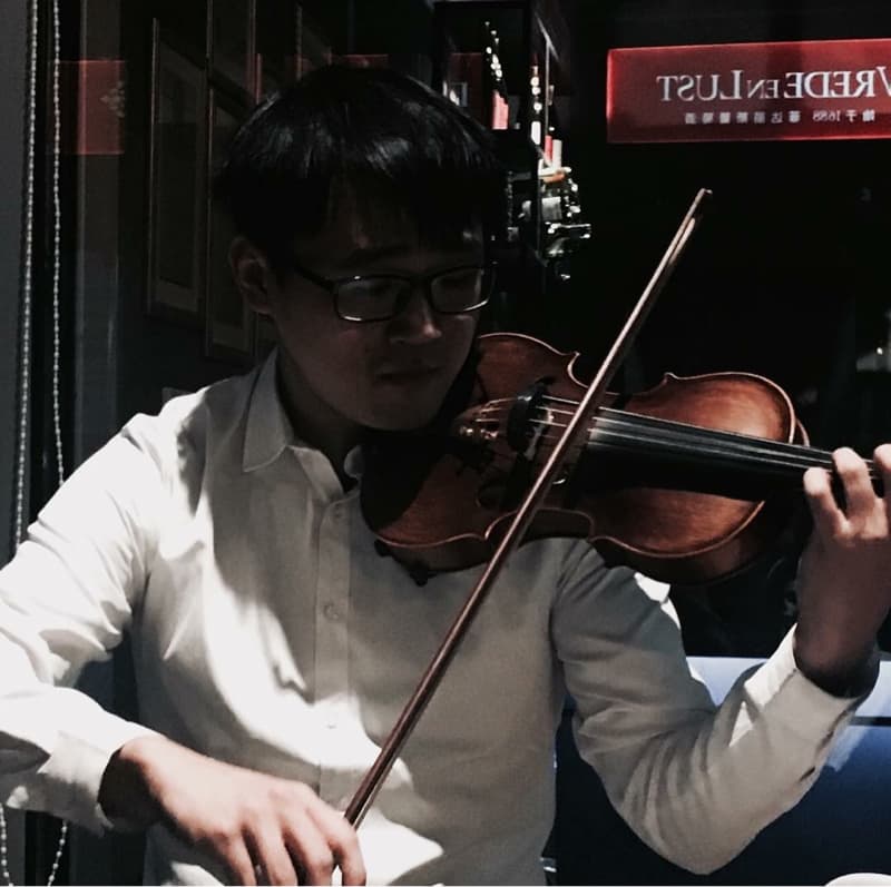 這張照片是一個穿著白色襯衫的年輕人,正專注地拉著小提琴。