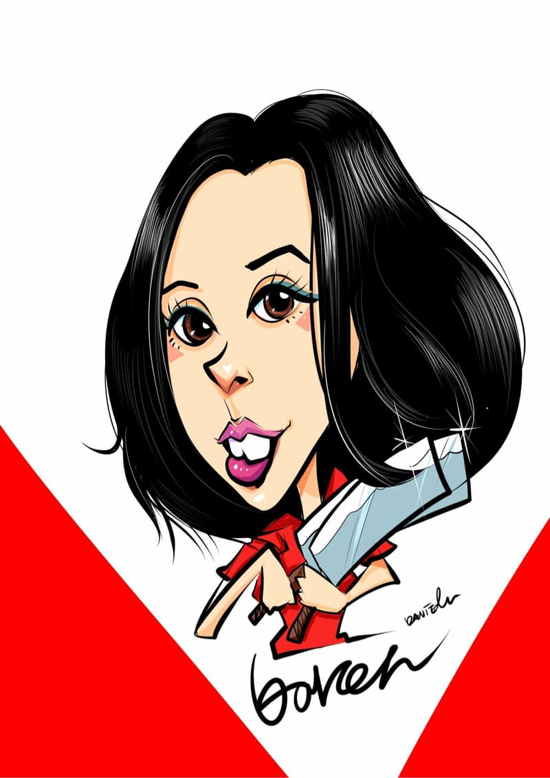 這張照片是一個卡通人物的肖像。她留著烏黑的長髮，戴著藍色的眼影，穿著紅色的上衣，她正拿著一塊玻璃，笑得很開心。