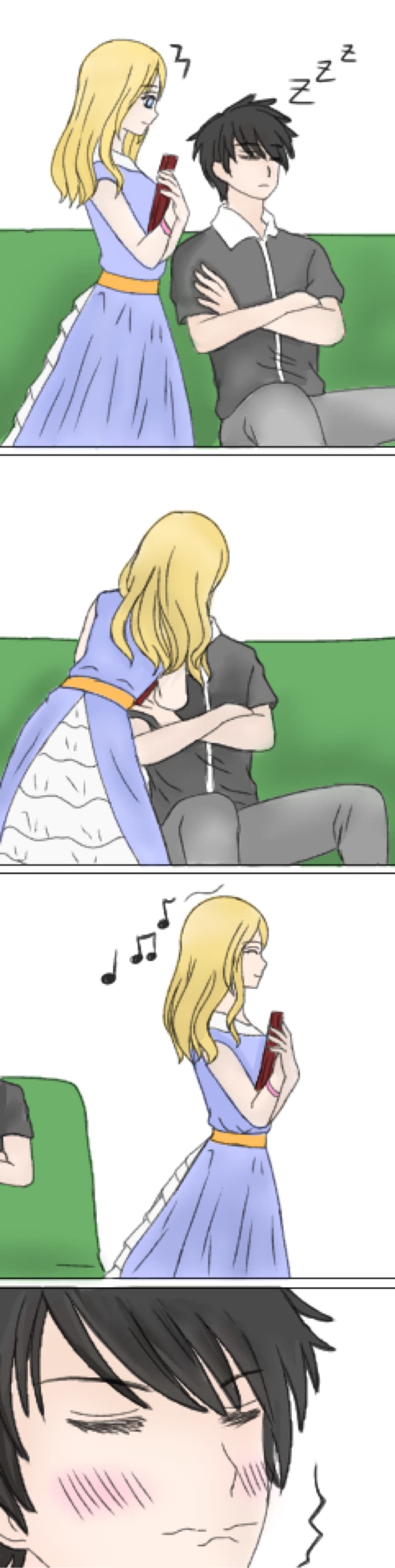 這張照片是一個男生害羞地看著一個女生，他的臉頰泛紅，並且露出害羞的笑容。