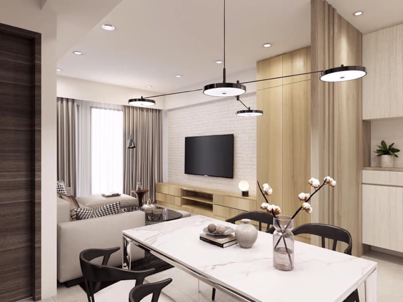 這張「現代家居」的照片是一間客廳，可以看到白色的牆壁、木質地板和一個大電視。客廳裡有一張白色大理石餐桌，旁邊擺放著兩張黑色的椅子，桌子上有一個花瓶，裡面插著白色的花。