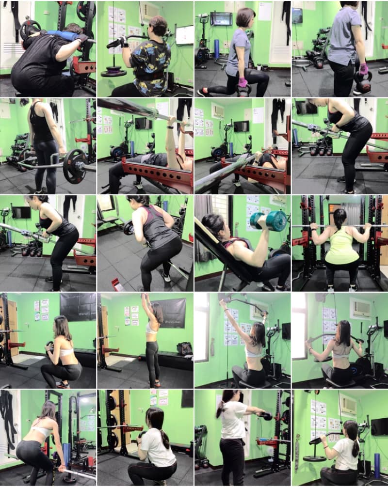 這張照片是一個健身房,裡面有很多不同的人在使用不同的健身器材。其中最重要的是在照片正中間的兩個女性,她們正在使用一個拉力器進行鍛鍊,她們的身體線條非常漂亮,展現出她們努力健身的成果。