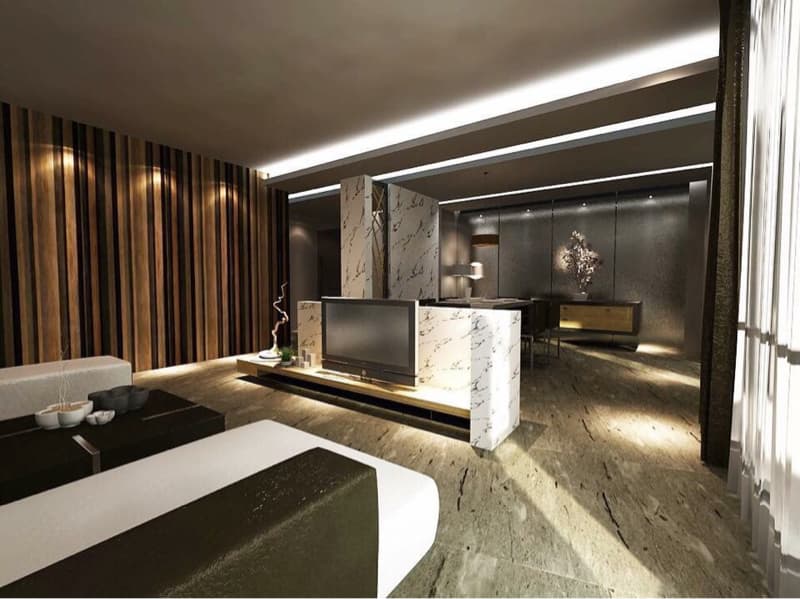這張照片是一間現代化的客廳，最重要的是電視牆，以大理石和木質打造，時尚又簡約。