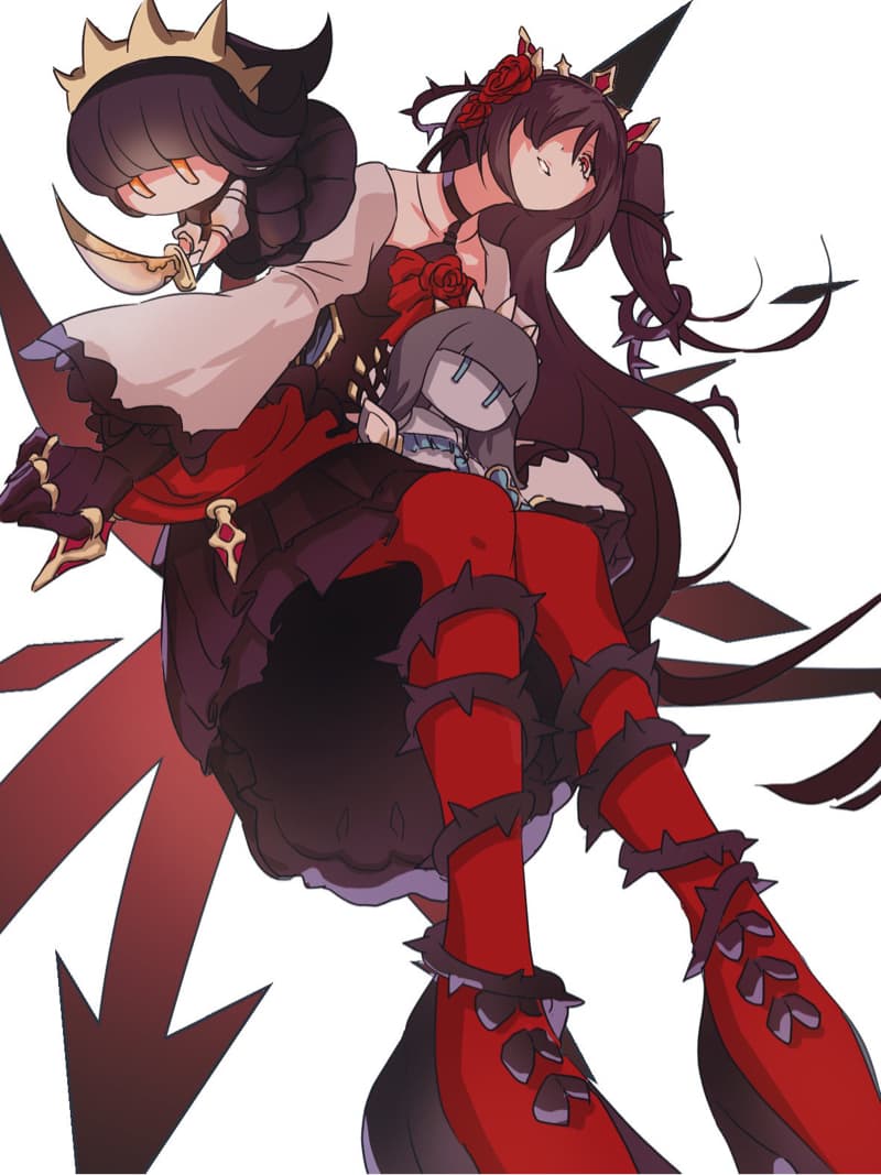 這張照片是一個穿著紅色長靴，黑色裙子和白色襯衫的少女。她戴著金色的王冠，她的長發披散在肩上。她看起來很強大，很自信。