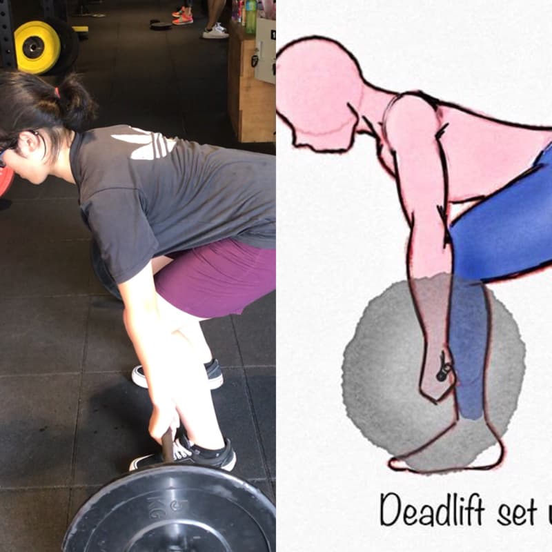 這張照片是一個女生正在做硬舉運動。她正準備從地上舉起一個重量槓鈴。她雙腳與肩同寬，背部保持挺直，核心收緊。