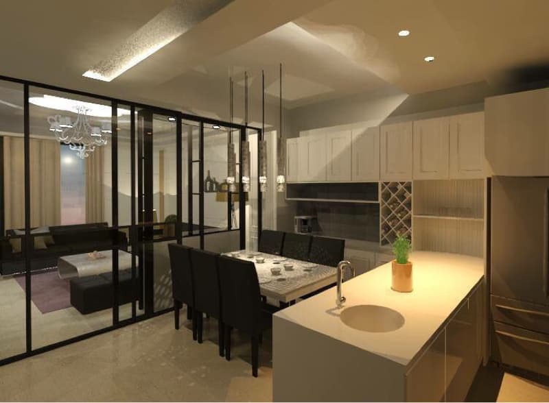 這張「現代風格公寓」的照片是一間開放式廚房和餐廳，其中有一個黑色的餐桌和六張黑色椅子，以及一個白色的大型吧檯，廚房則有白色的櫥櫃、水槽和酒架，餐廳旁則有一扇玻璃門，可以通往另一個房間。