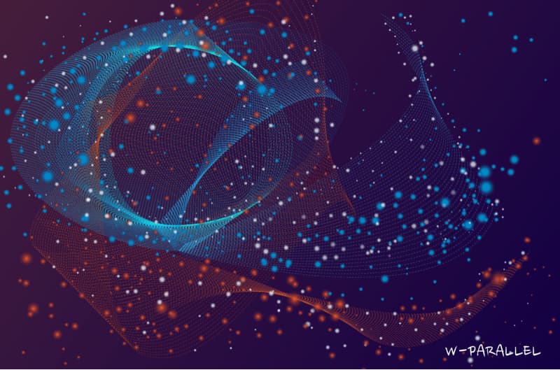 這張「抽象」的照片是深藍色背景上有藍色和橘色的波浪線條，線條上有許多小圓點，看起來像星星。