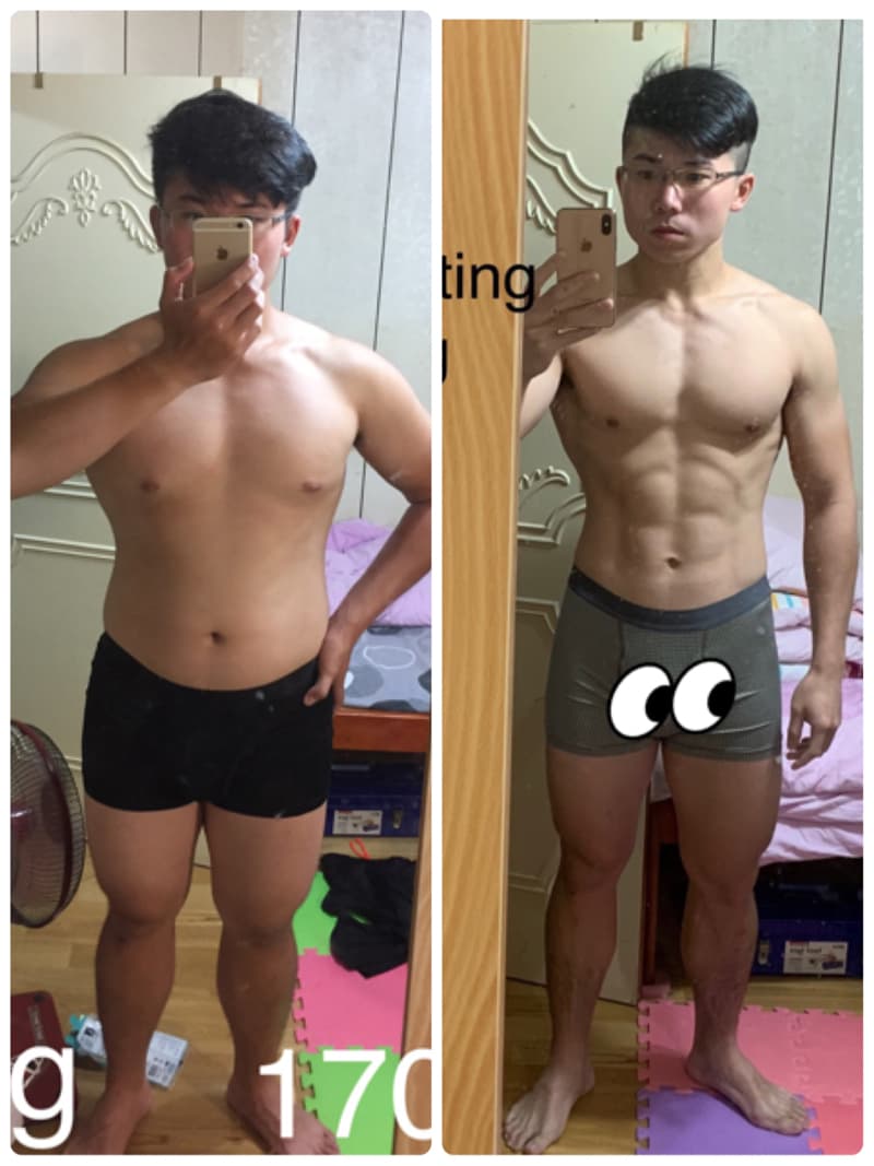這張照片是健身前後的對比照，展示了這個人經過訓練後，身體的變化。從照片中可以看出，這個人減肥成功，身材變得更健壯了。