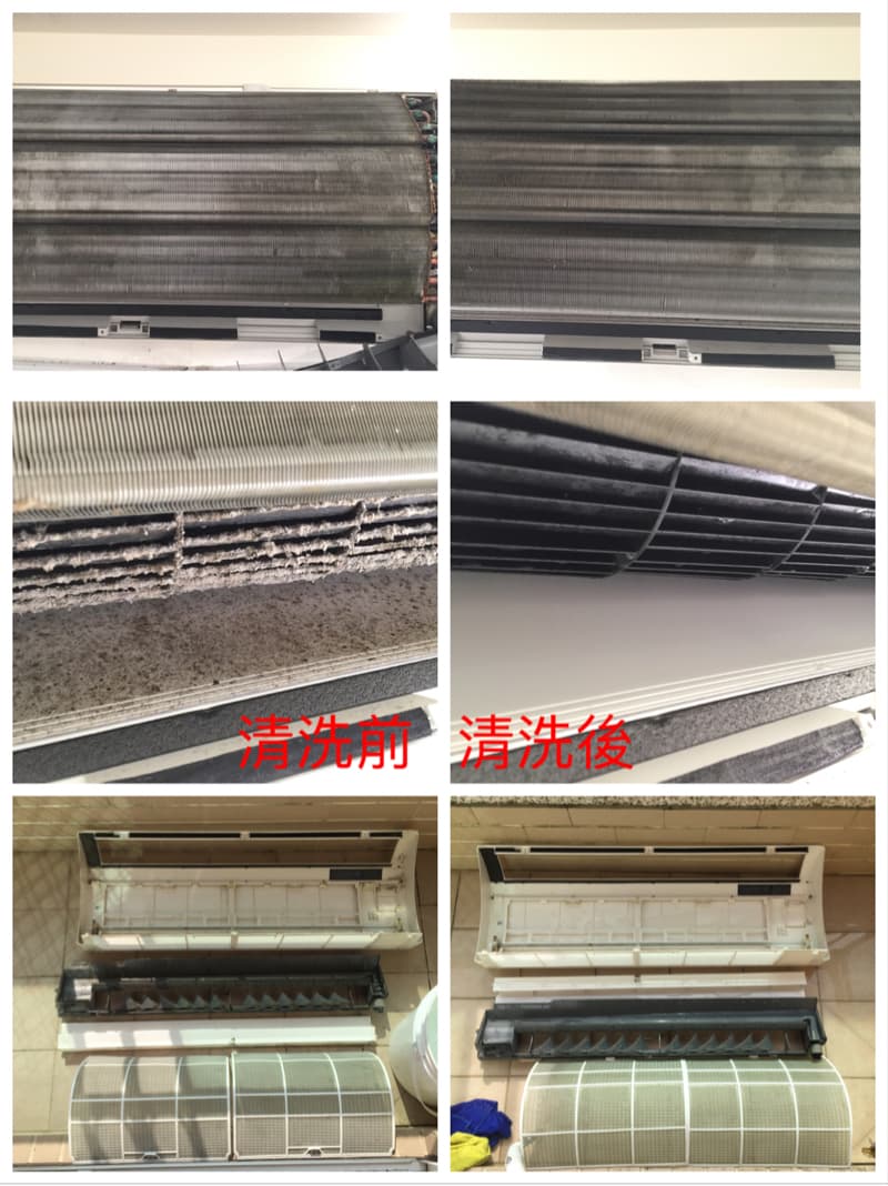 這張照片是冷氣機清洗前後的對比圖。清洗前，冷氣機的濾網和散熱片上積滿了灰塵和污垢，清洗後則乾淨明亮，可以有效提高冷氣機的效率和使用壽命。