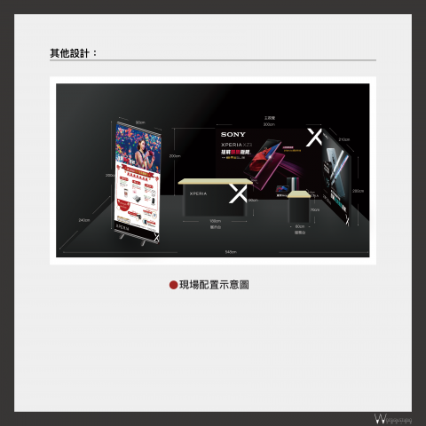 這張照片是一個展覽攤位設計圖,其中最重要的是展覽攤位的佈置和尺寸。設計圖中包含一個大型的展板,一個展示臺和兩個小型的展板,尺寸標示清晰,方便設計人員參考。