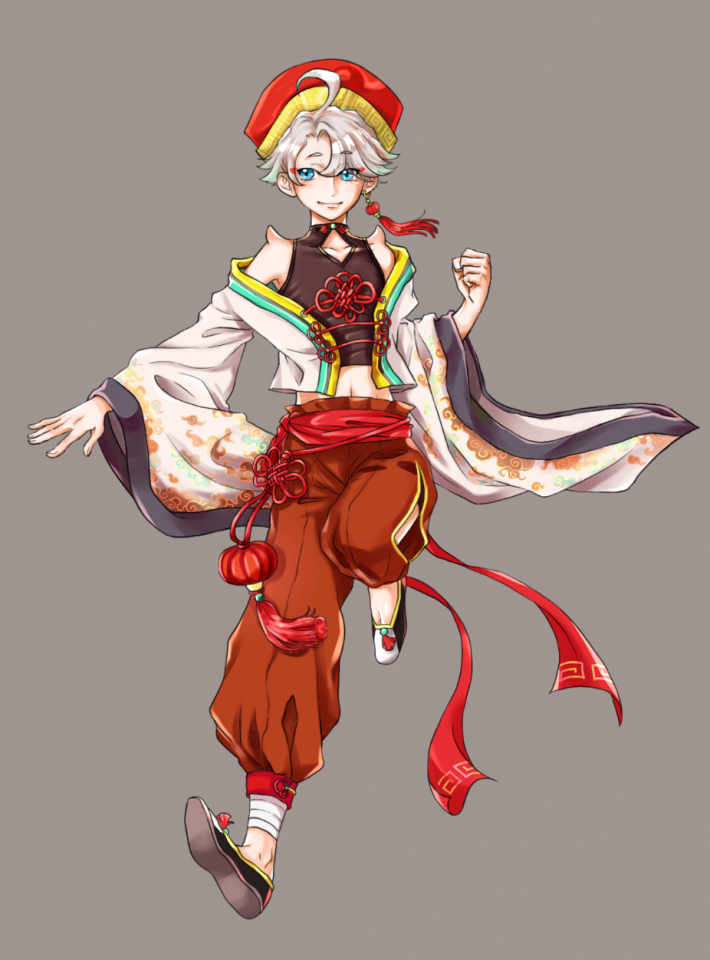 這張照片是一個穿著中國傳統服飾的年輕人,他穿著紅色的褲子和一件白色的長袍,他頭上戴著一頂紅色的帽子,他正擺出一個充滿活力的姿勢。