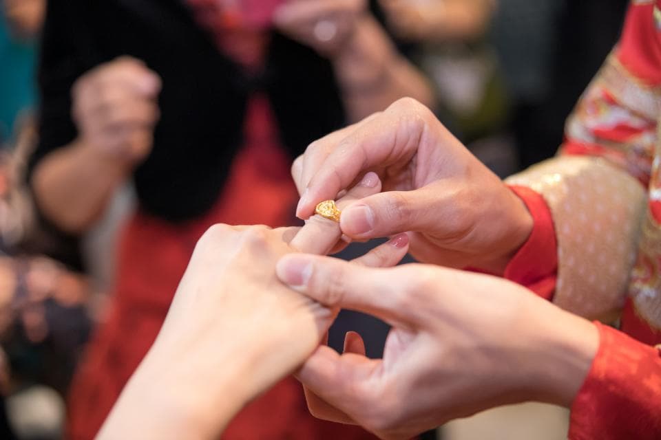 這張照片是一對新人正在交換戒指,象徵著他們的承諾與愛。