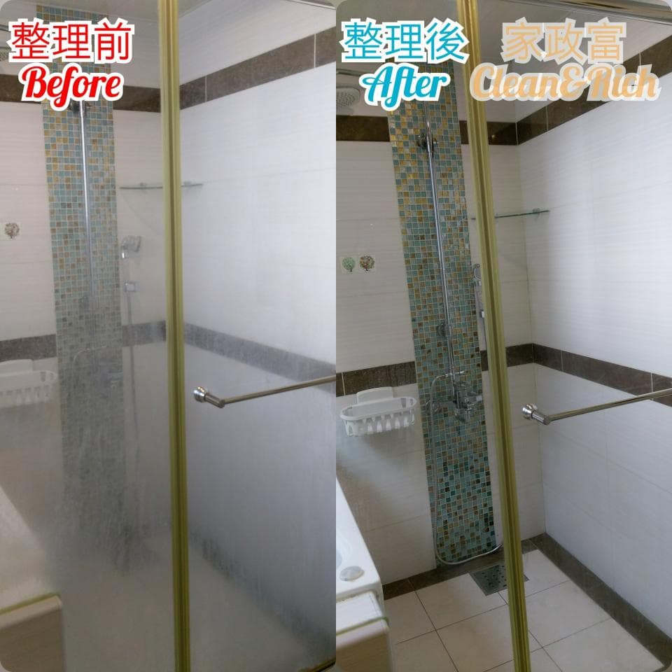 1) 照片顯示一間浴室,左邊是清潔前,右邊是清潔後