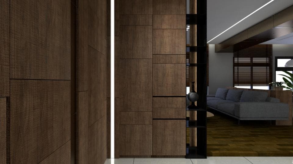 這張「現代家居設計」的照片是一個木製的牆壁,上面有許多格子和一個架子,旁邊有一個燈。牆的另一邊是一個客廳,裡面有一個沙發,一個窗戶和一個木地板。