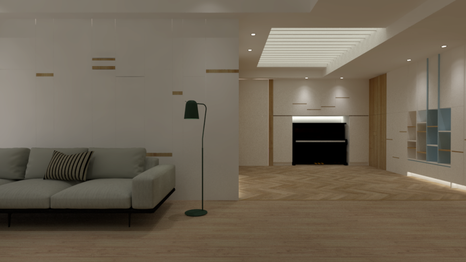 這張「現代化客廳」的照片是一間簡約的客廳,裡面有一張沙發、一盞落地燈和一臺鋼琴。客廳的牆壁是白色的,地板是木質的。