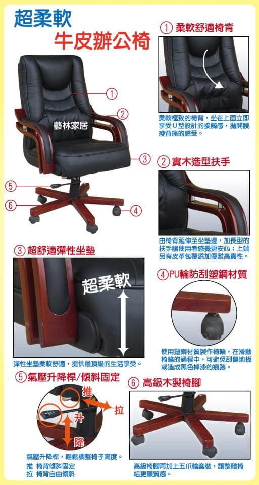 這張照片是一張現代化的辦公椅,採用真皮製作,椅背上有舒適的頭枕,椅座也有扶手,看起來非常舒適,是辦公室裡不可或缺的傢俱。