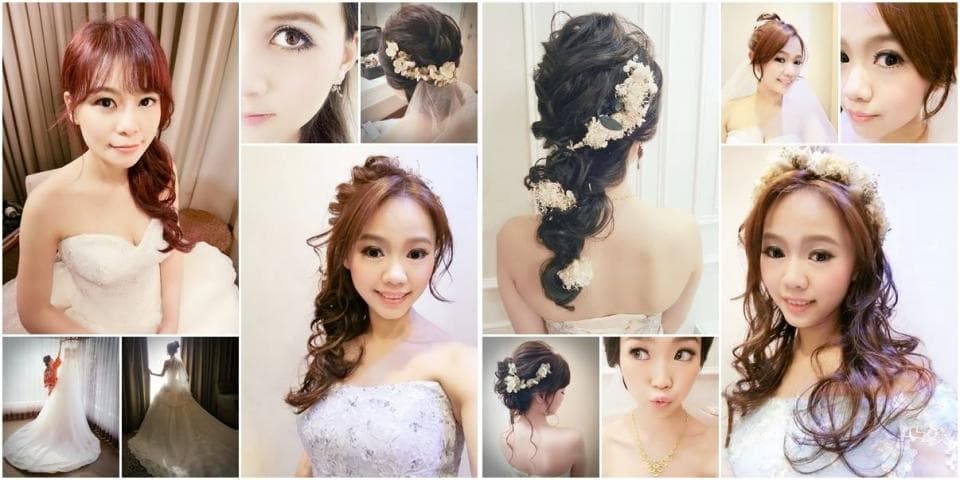 這張「新娘婚禮造型」的照片是新娘在婚禮當天穿著婚紗,並做不同髮型的照片。