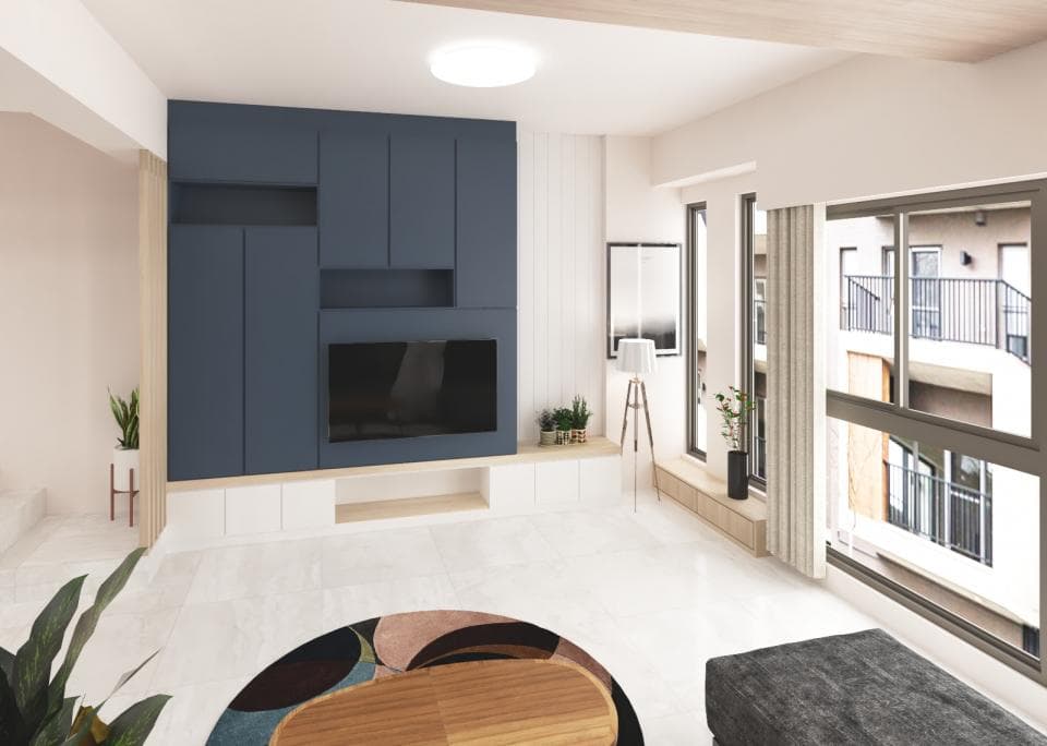 這張「客廳」的照片是一個現代化的客廳,有一個大型的電視牆和一個木質的咖啡桌。