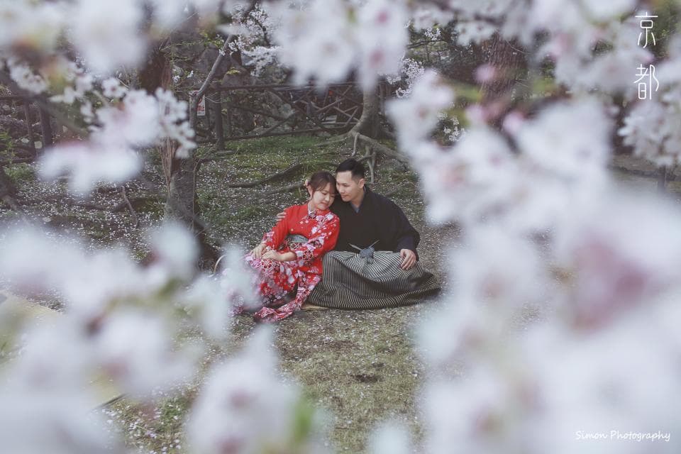 這張照片是一對情侶在櫻花樹下相依偎,男的穿著深色衣服,女的穿著紅色的傳統服飾,他們相互依偎,表現出溫馨甜蜜的愛情。