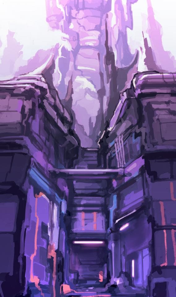 這張照片是一條狹窄的紫色建築走廊,通往一個巨大、帶有紫色光暈的建築物。