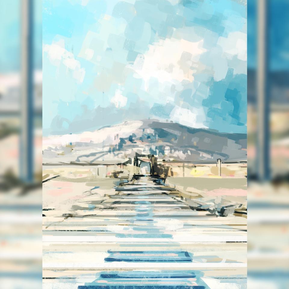 這張照片是一條通往遠方山丘的道路,道路上鋪著藍色的磚塊,看起來像是通往夢想的道路。