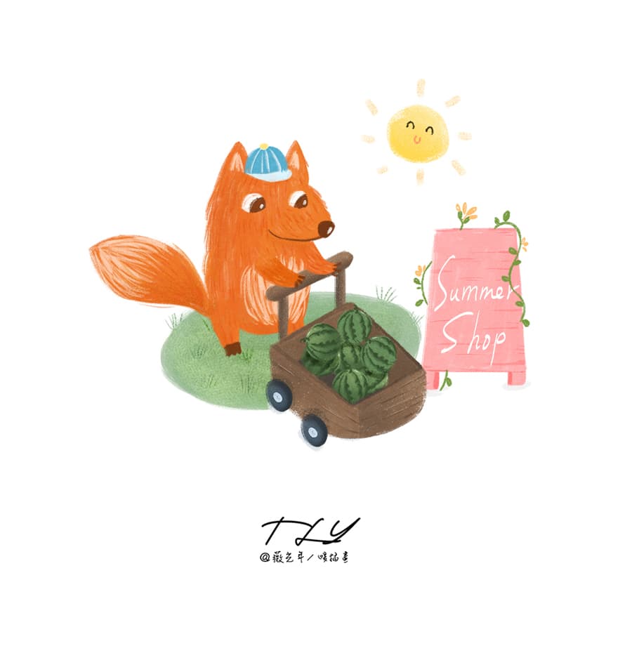 這張照片是一隻穿著藍色帽子的狐狸,推著一輛裝滿西瓜的小車,旁邊有一個寫著「Summer Shop」的粉紅色招牌。