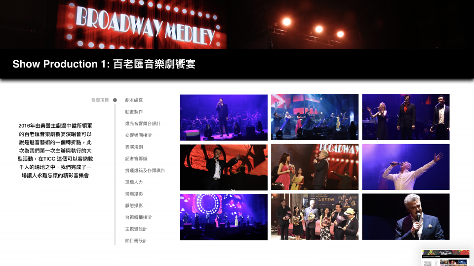 這張「百老匯音樂劇演唱會」的照片是,有許多歌手在舞臺上表演,還有一些舞臺劇的片段,可以看得出是一場非常熱鬧的演唱會。