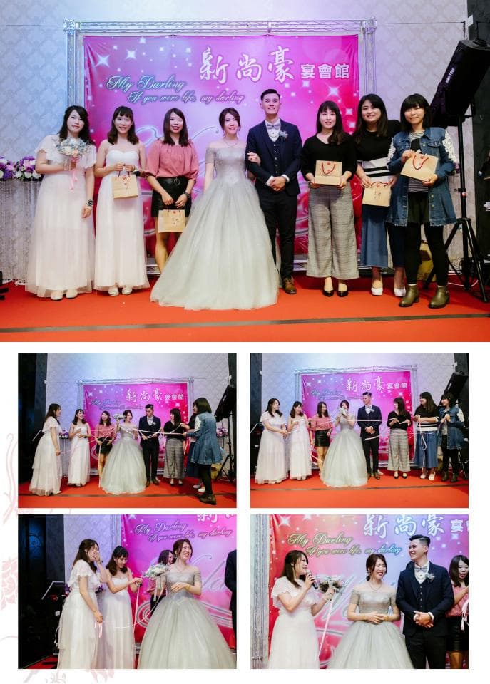 這張「婚禮」的照片是新郎新娘跟親友們合照,背景是粉紅色的婚禮佈置。