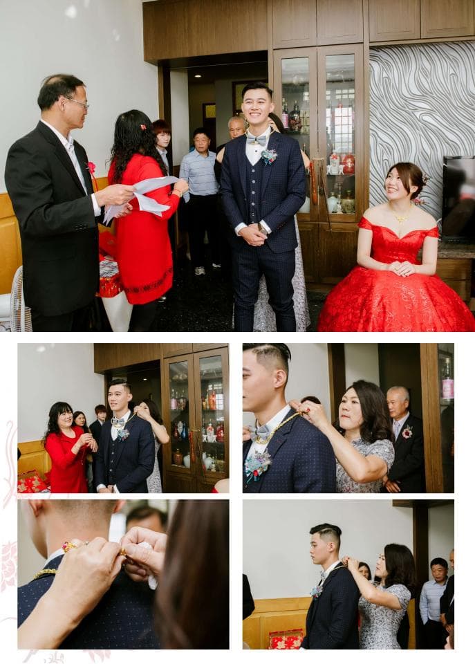 這張照片是婚禮上的重要儀式,新郎正被他的家人朋友們幫忙戴上項鍊。