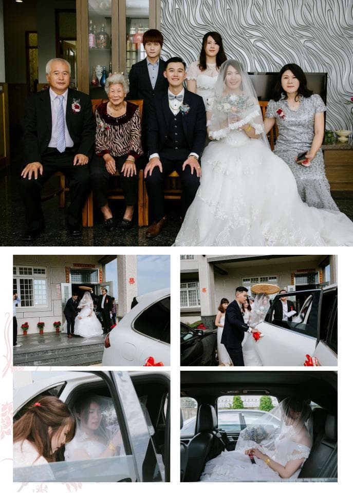 這張照片是一對新人婚禮當天與家人朋友合照,最重要的是新人們穿著禮服站在中間,他們臉上洋溢著幸福的笑容。