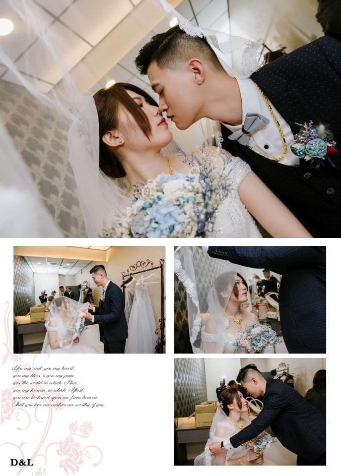 這張照片是新郎新娘在婚禮當天親吻的畫面,他們都穿著西裝和婚紗,看起來非常幸福。