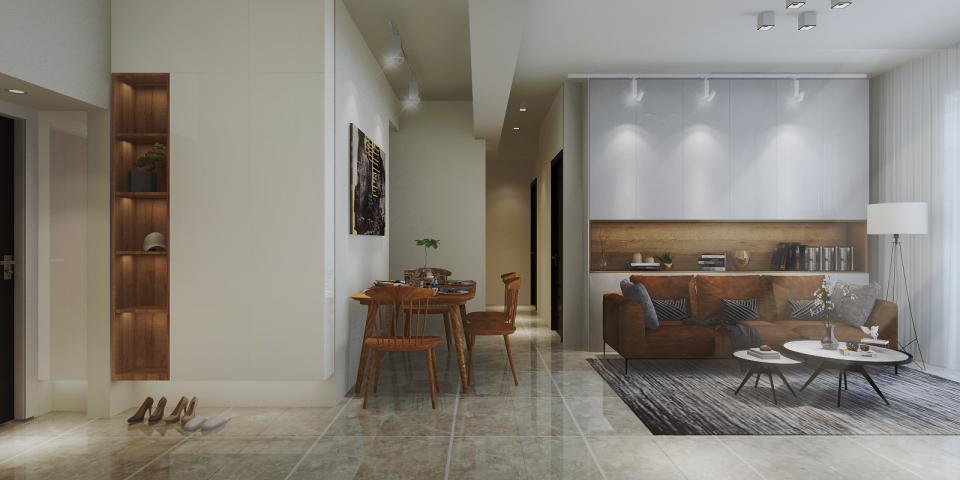 這張「現代風格公寓」的照片是,一個簡約的客廳,帶有木質地板和牆壁,左側有一個鞋櫃,右側是一個沙發和茶几。