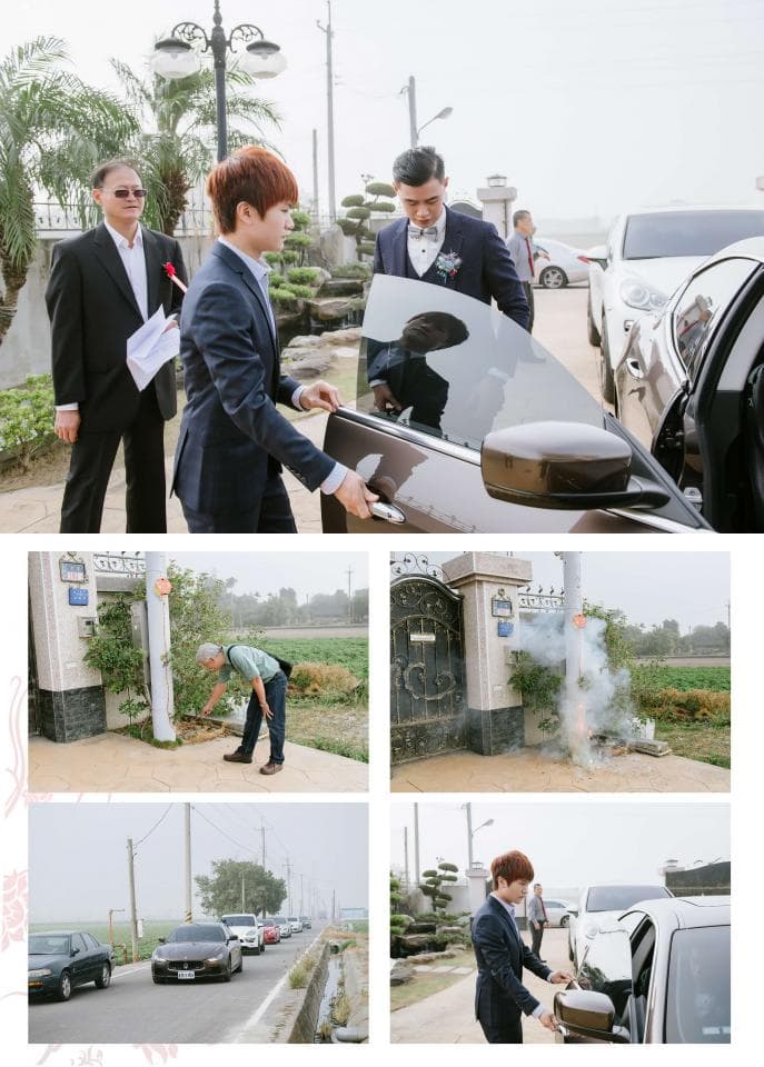 這張「婚禮」的照片是一對新人在結婚當天,新郎與賓客在車旁合影留念的畫面。