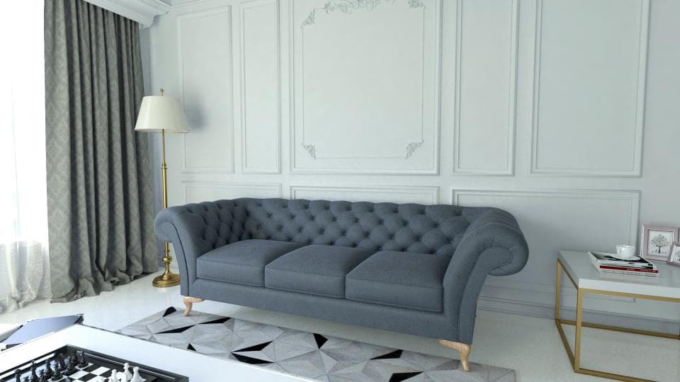 這張「客廳」的照片是一張灰色布藝沙發,沙發旁有一個白色的小茶几和一個落地燈,牆上是白色的裝飾板。