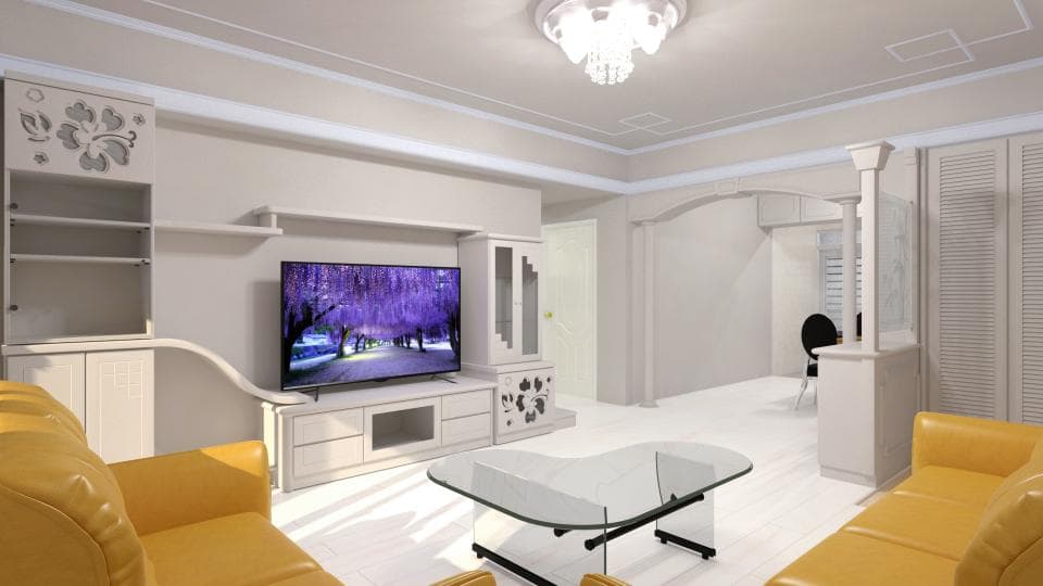 這張「客廳」的照片是一間裝潢精美的客廳,中間擺放著一張玻璃茶几,旁邊有兩張黃色的沙發,牆上掛著一臺電視,電視下方有一個電視櫃。