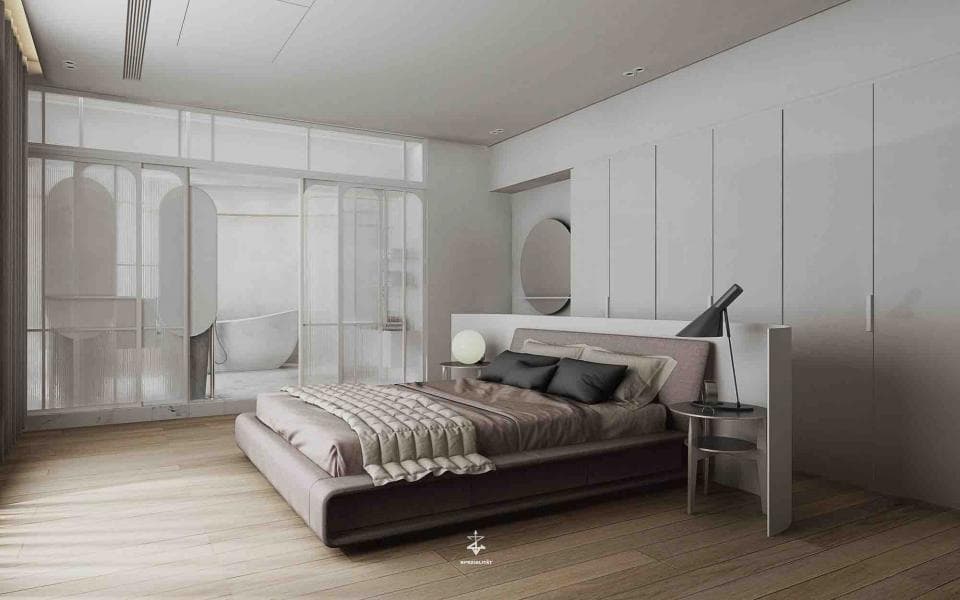 這張「臥室」的照片是簡約的現代風格,房間以白色和灰色為主色調,床頭板設計簡潔,床鋪柔軟舒適,房間整體光線明亮。
