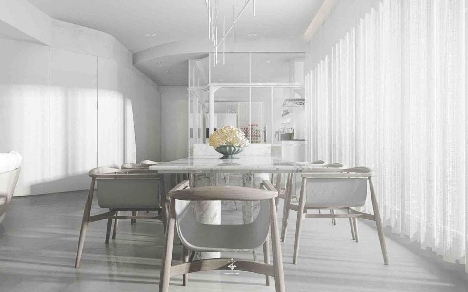 這張「現代簡約風格的用餐區」的照片,以白色為基調,搭配木質餐桌和椅子,營造出簡潔明亮的空間感,窗外陽光灑落,增添溫暖舒適的氛圍。