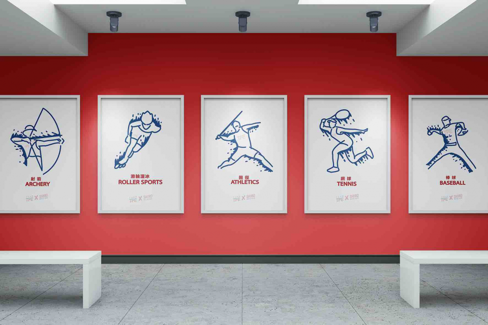 這張照片是五張運動海報,每張海報都描繪了一項運動,包括射箭、輪滑、田徑、網球和棒球。海報上都寫著運動名稱,以及「XX屆」等文字。