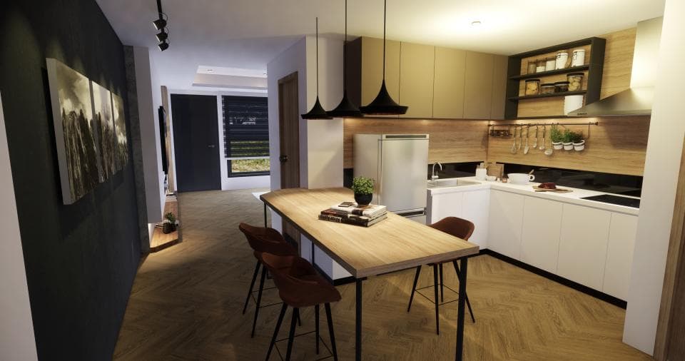 這張照片是一個現代化的廚房和餐廳,餐桌旁有四把椅子,餐桌上的木質紋理清晰可見,旁邊有白色的櫥櫃和一個冰箱。