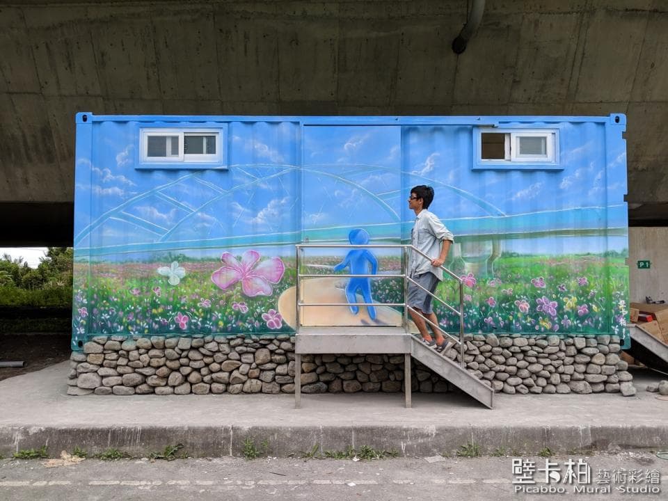 這張照片是一個被藍色牆壁覆蓋的建築,牆壁上有美麗的壁畫,像是田園風光,一個男人站在樓梯上,準備走進建築。