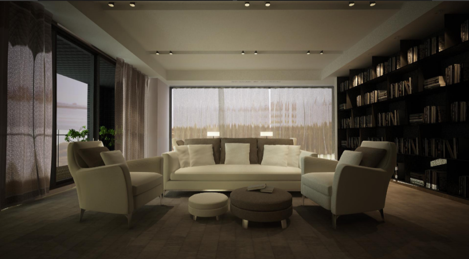 這張「客廳」的照片是一個現代化的客廳,帶有沙發、扶手椅、茶几和一個大型的書架。