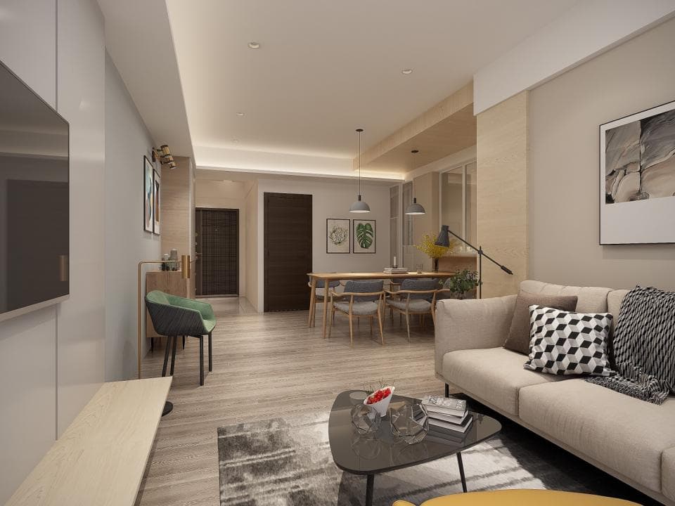 這張「現代化客廳」的照片是一間佈置精緻的客廳,空間寬敞明亮,並設有沙發、電視、茶几等傢俱。牆壁上掛著藝術畫作,增添空間的藝術氣息。