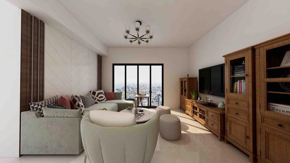 這張「現代客廳」的照片是一個帶有木質裝飾的現代化客廳,客廳裡有沙發、茶几、電視和儲物櫃。