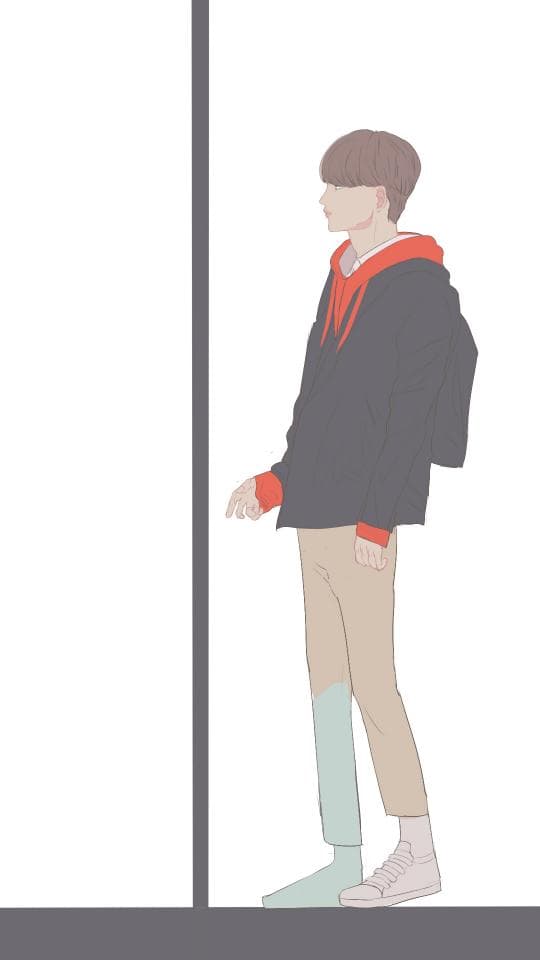 這張照片是一個年輕人站在白色背景前,他穿著黑色外套,紅色內搭,米色長褲,鞋子是灰白色,看起來很時尚。