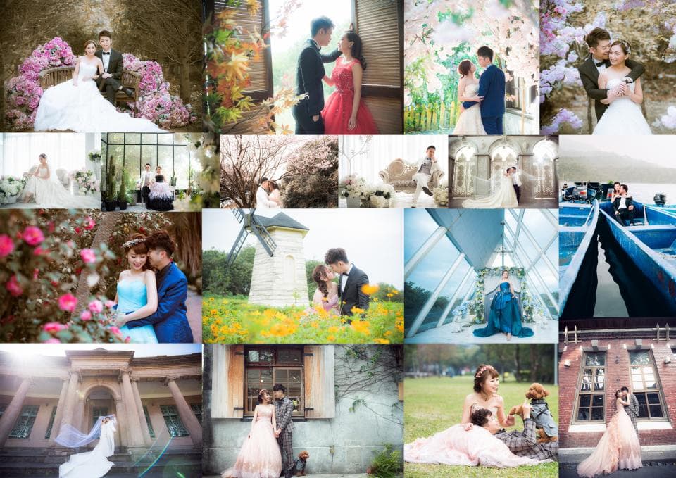 這張照片是許多情侶婚紗照的拼貼。照片中包含許多不同的場景,例如花海、教堂、海邊等等。這些照片都充滿著浪漫與幸福的氣息,展現了每對情侶獨特的愛情故事。