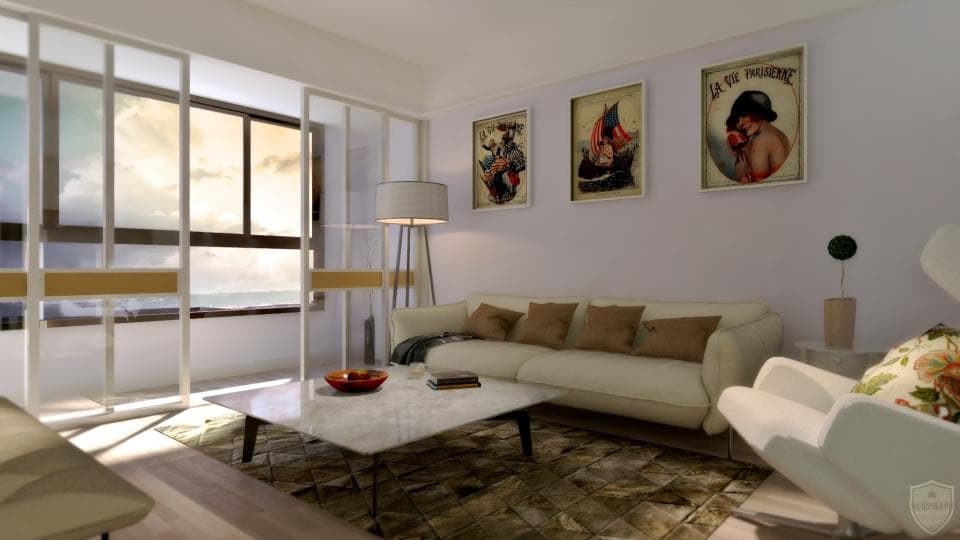 這張「客廳」的照片是一個明亮寬敞的空間,有著大型落地窗,可以眺望戶外景色。沙發旁放著一張咖啡桌,桌上擺放著一些裝飾品。牆上掛著幾幅畫作,增添了藝術氣息。