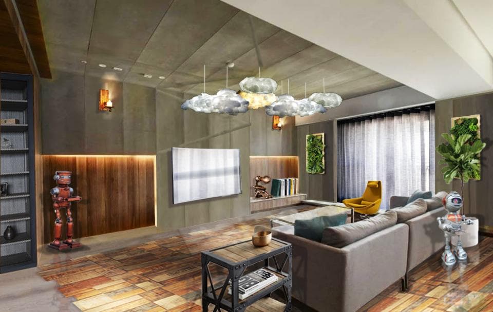 這張「現代風格客廳」的照片是一個寬敞的空間,有木製地板、灰色沙發、白色窗簾和雲朵造型的燈具,以及一個機器人裝飾。